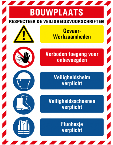 Bouwplaats respecteer de veiligheidsvoorschriften sticker, rechthoek, rood wit blauw
