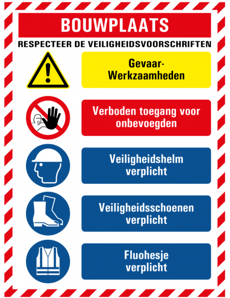 Bouwplaats respecteer de veiligheidsvoorschriften bord, rood wit blauw, rechthoek