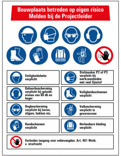 Bouwplaats betreden op eigen risico bord, rood wit blauw, rechthoek
