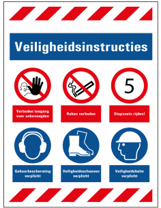 Bouwbord veiligheidsinstructies, rood wit blauw, rechthoek