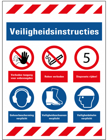 Bouwbord veiligheidsinstructies, rood wit blauw, rechthoek