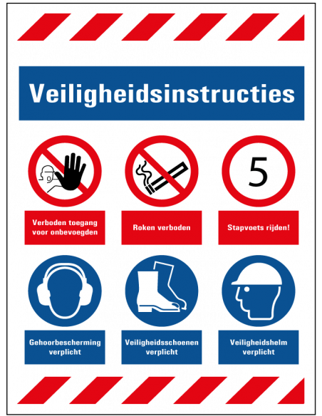 Bouwbord veiligheidsinstructies, rood wit blauw, rechthoek