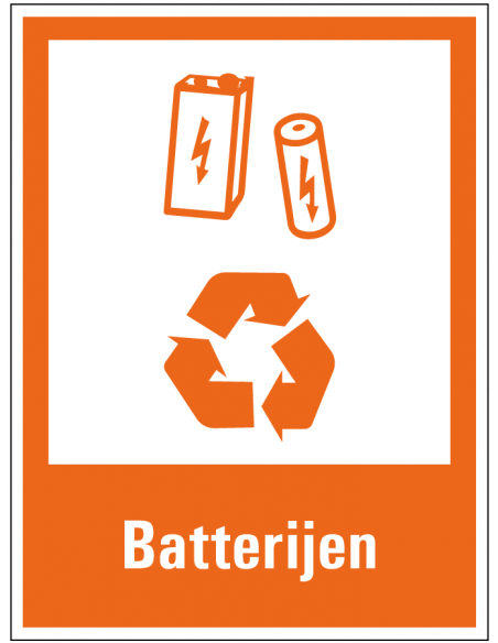 Batterijen scheiden bord, kunststof, oranje wit, rechthoek, symbool batterijen recyclen