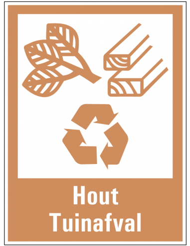 Hout en tuinafval scheiden sticker, bruin wit, rechthoek, symbool hout en tuinafval recyclen