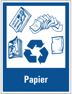 Papier scheiden sticker, blauw wit, rechthoek, symbool papier met recyclen