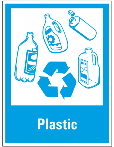 Plastic scheiden bord, kunststof, blauw wit, rechthoek, symbool plastic recyclen