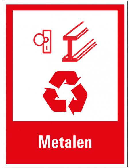 Metalen scheiden bord, kunststof, rood wit, rechthoek, symbool metalen recyclen