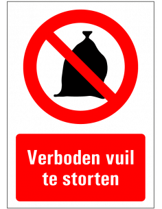 Verboden vuil te storten sticker, rood wit, rechthoek, symbool vuilniszak met rode streep