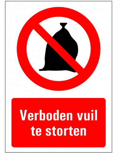 Verboden vuil te storten sticker, rood wit, rechthoek, symbool vuilniszak met rode streep