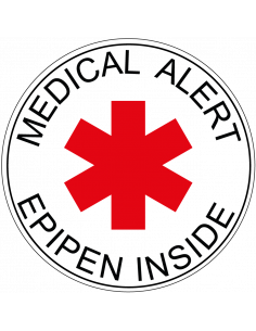 Epipen bordje, rood wit zwart, rond, medical alert epipen inside