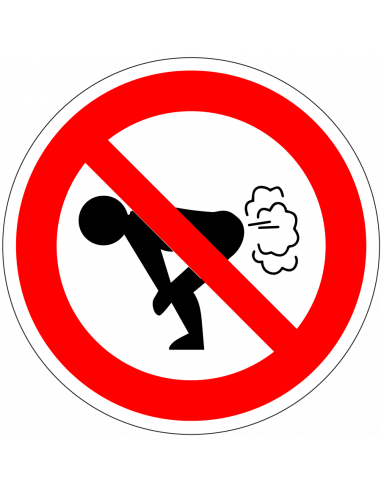 Verboden scheten te laten bord, kunststof, rood wit, rond, symbool persoon laat scheet