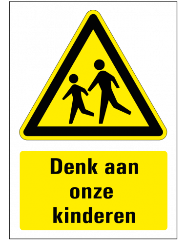 Denk aan onze kinderen sticker, geel zwart, rechthoek, symbool spelende kinderen