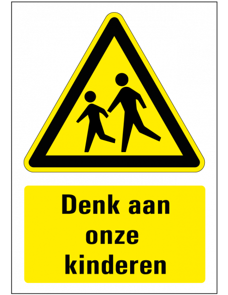 Denk aan onze kinderen bord, kunststof, geel zwart, rechthoek, symbool spelende kinderen