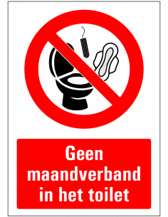 Geen maandverband in toilet sticker, rood wit, rechthoek, symbool maandverband in toilet