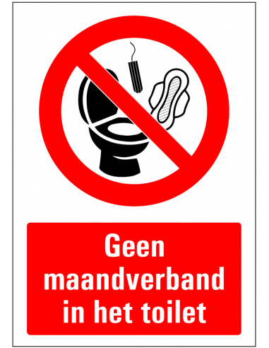 Geen maandverband in toilet sticker, rood wit, rechthoek, symbool maandverband in toilet