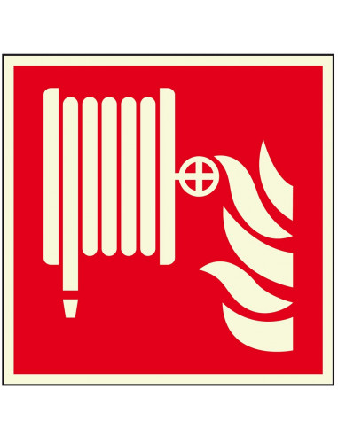 Extra lichtgevend brandslang bord, kunststof, 200 x 200 mm, rood wit, symbool brandslanghaspel, vierkant, ISO 7010