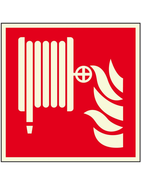Extra lichtgevend brandslang bord, kunststof, 200 x 200 mm, rood wit, symbool brandslanghaspel, vierkant, ISO 7010