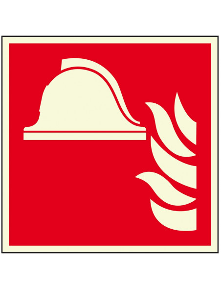 Extra lichtgevende materiaalopslag sticker, 200 x 200 mm, F004, rood wit, pictogram brandweerhelm met vuur, vierkant, ISO 7010