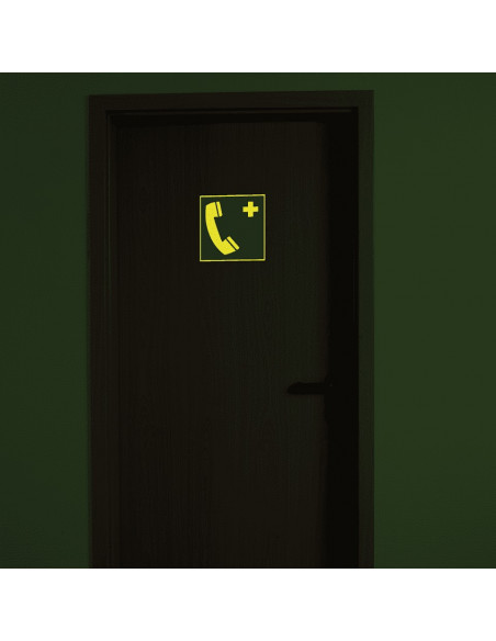 Extra lichtgevende noodtelefoon sticker, 200 x 200 mm, E004, groen wit, symbool noodtelefoon, vierkant, ISO 7010