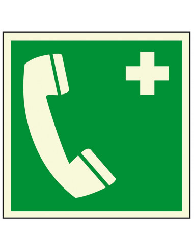 Extra lichtgevende noodtelefoon sticker, 200 x 200 mm, E004, groen wit, symbool noodtelefoon, vierkant, ISO 7010
