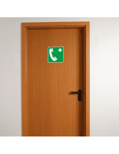Extra lichtgevend noodtelefoon bord, 200 x 200 mm, E004, groen wit, symbool noodtelefoon, vierkant, ISO 7010