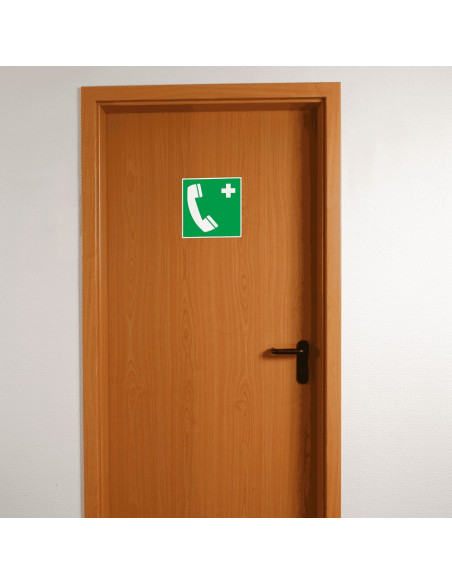 Extra lichtgevend noodtelefoon bord, 200 x 200 mm, E004, groen wit, symbool noodtelefoon, vierkant, ISO 7010
