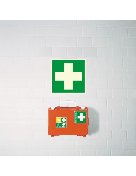 Extra lichtgevende EHBO sticker, E003, groen wit, vierkant, symbool ehbo wit kruis