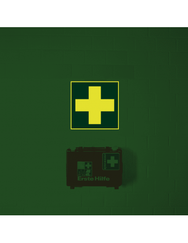 Extra lichtgevende EHBO sticker, E003, groen wit, vierkant, symbool ehbo wit kruis