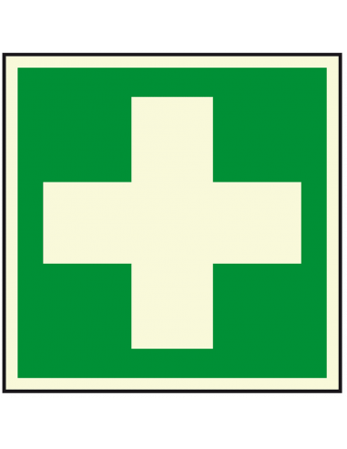 Extra lichtgevende EHBO sticker, E003, groen wit, vierkant, symbool ehbo wit kruis