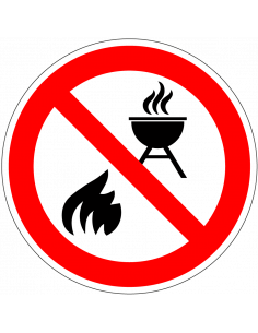 Verboden te BBQ'en sticker, rood wit, rond, symbool vuur en bbq