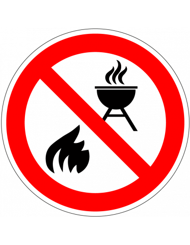 Verboden te BBQ'en sticker, rood wit, rond, symbool vuur en bbq