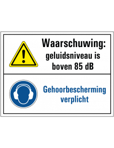Geluidsniveau boven 85 dB bord, kunststof, zwart wit, rechthoek