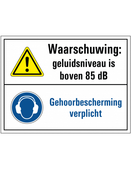 Geluidsniveau boven 85 dB bord, kunststof, zwart wit, rechthoek