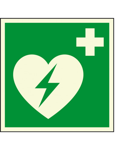 Extra lichtgevende AED sticker, E010, groen wit, ISO 7010, vierkant, pictogram AED