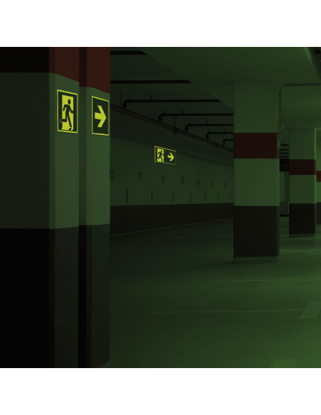 Extra lichtgevend nooduitgang rechts bord - kunststof, groen wit, vierkant, symbool nooduitgang rechts