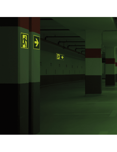 Extra lichtgevende nooduitgang rechts sticker - E002, vierkant, groen wit, fluorescerend