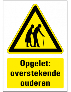 Opgelet overstekende ouderen bord, kunststof, geel zwart, rechthoek, symbool ouderen