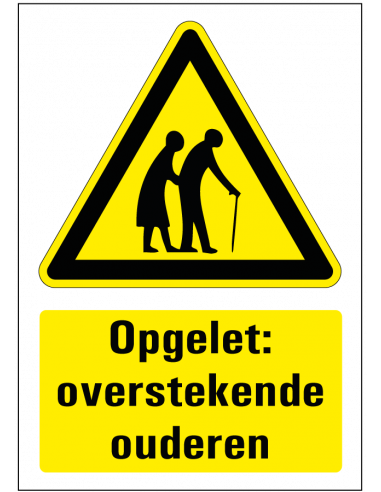 Opgelet overstekende ouderen bord, kunststof, geel zwart, rechthoek, symbool ouderen