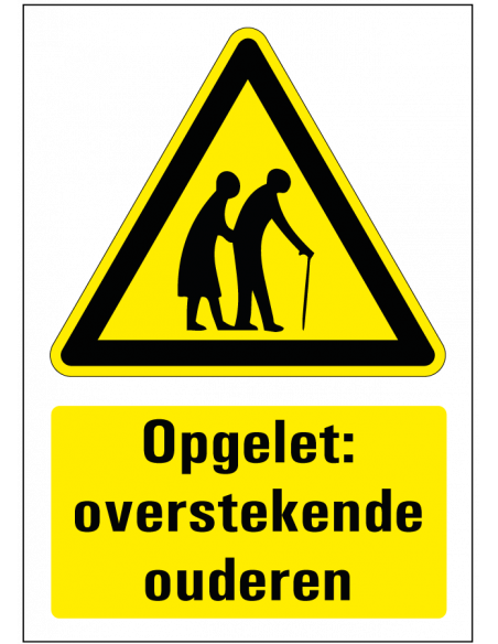 Opgelet overstekende ouderen bord, kunststof, geel zwart, rechthoek, symbool ouderen