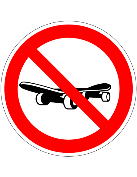 Verboden te skateboarden sticker, rood wit, rond, symbool skateboard met rode streep