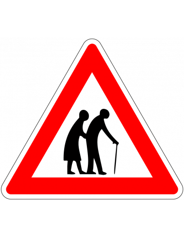 Pas op overstekende ouderen sticker, rood wit, driehoek, symbool ouderen met rode rand