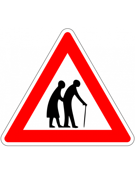 Pas op overstekende ouderen bord, kunststof, rood wit, driehoek, symbool ouderen met rode rand
