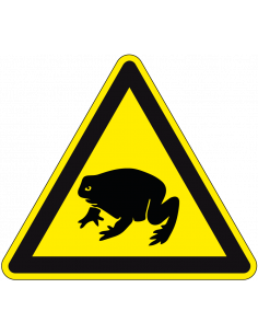 Waarschuwing padden sticker, geel zwart, driehoek, symbool pad met gele achtergrond