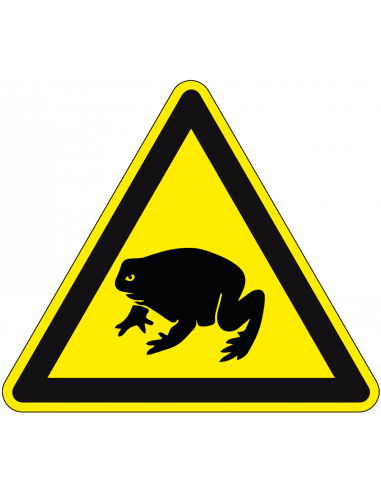Waarschuwing padden sticker, geel zwart, driehoek, symbool pad met gele achtergrond
