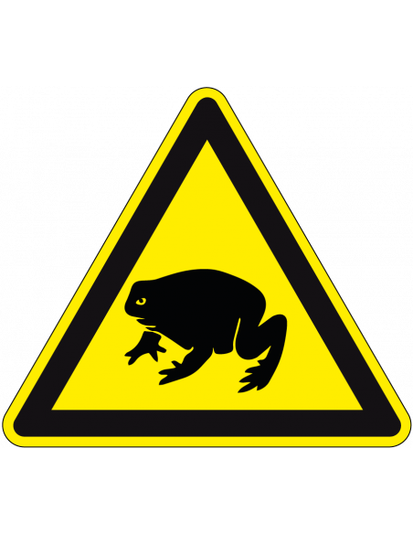 Waarschuwing padden sticker, geel zwart, driehoek, symbool pad met gele achtergrond