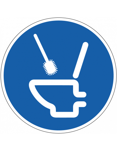 Toiletborstel gebruiken bord, kunststof, blauw wit, rond, symbool wc met borstel