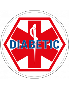 Diabetes sticker, rond, rood wit blauw, tekst diabetic
