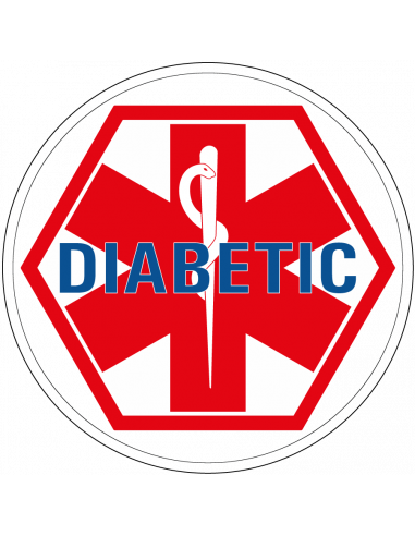 Diabetes sticker, rond, rood wit blauw, tekst diabetic