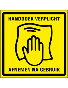 Handdoek gebruiken verplicht sticker, geel zwart, vierkant, tekst handdoek verplicht