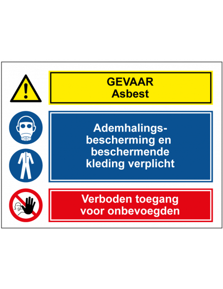 Bouwplaats gevaar asbest bord, rechthoek, geel blauw rood